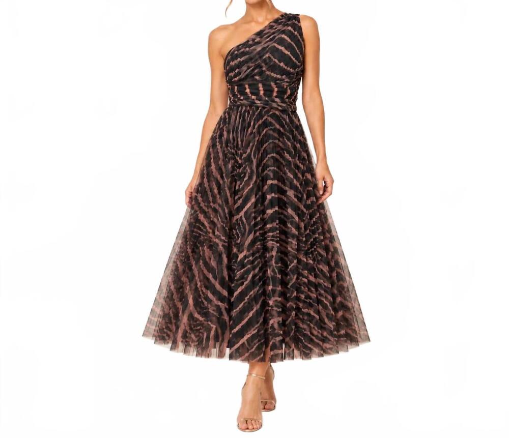 NEW HUTCH women's helena one shoulder zebra tulle midi dress in black / peach